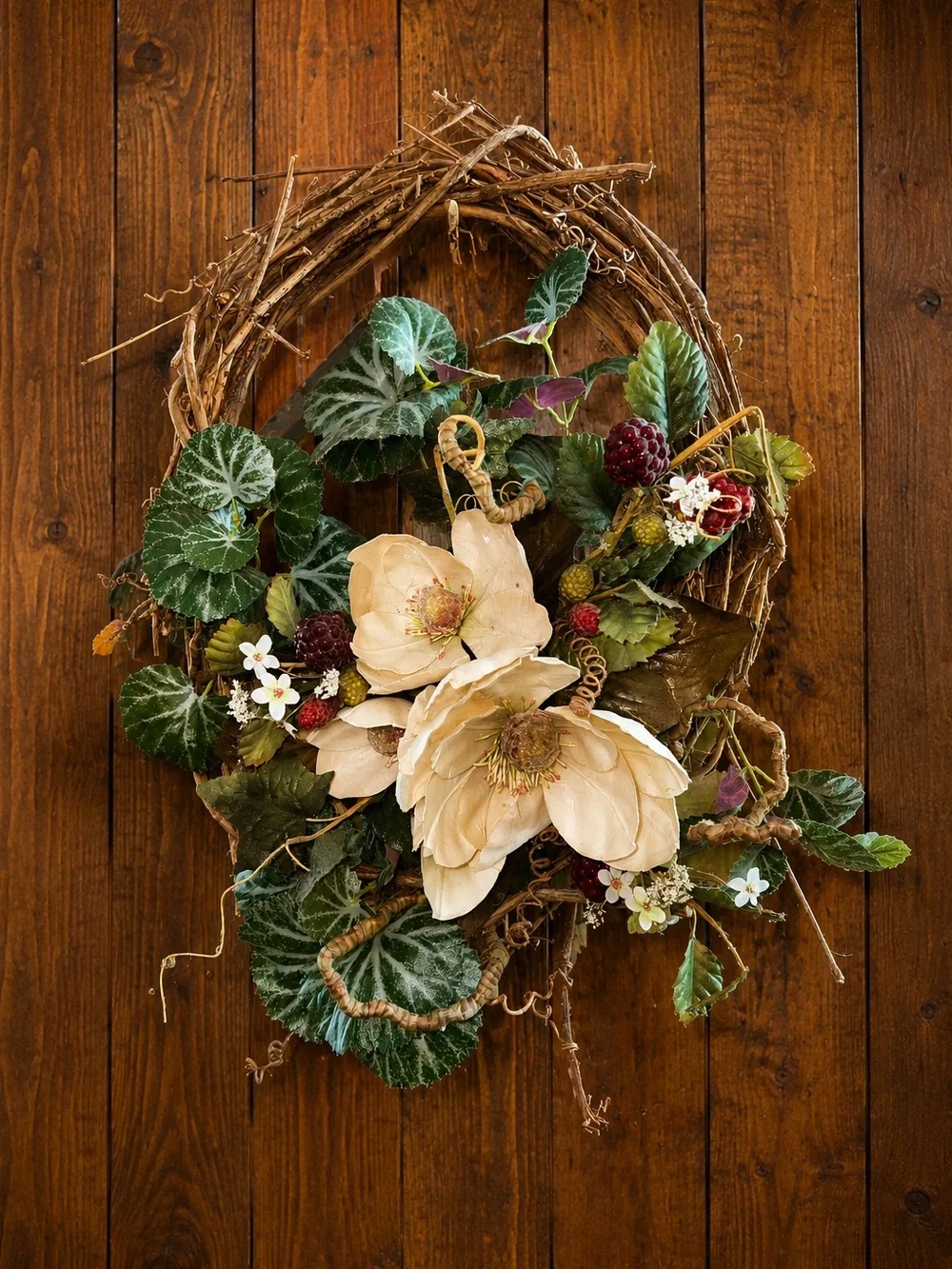 Neutral Magnolia & Greenery Grapevine Wreath